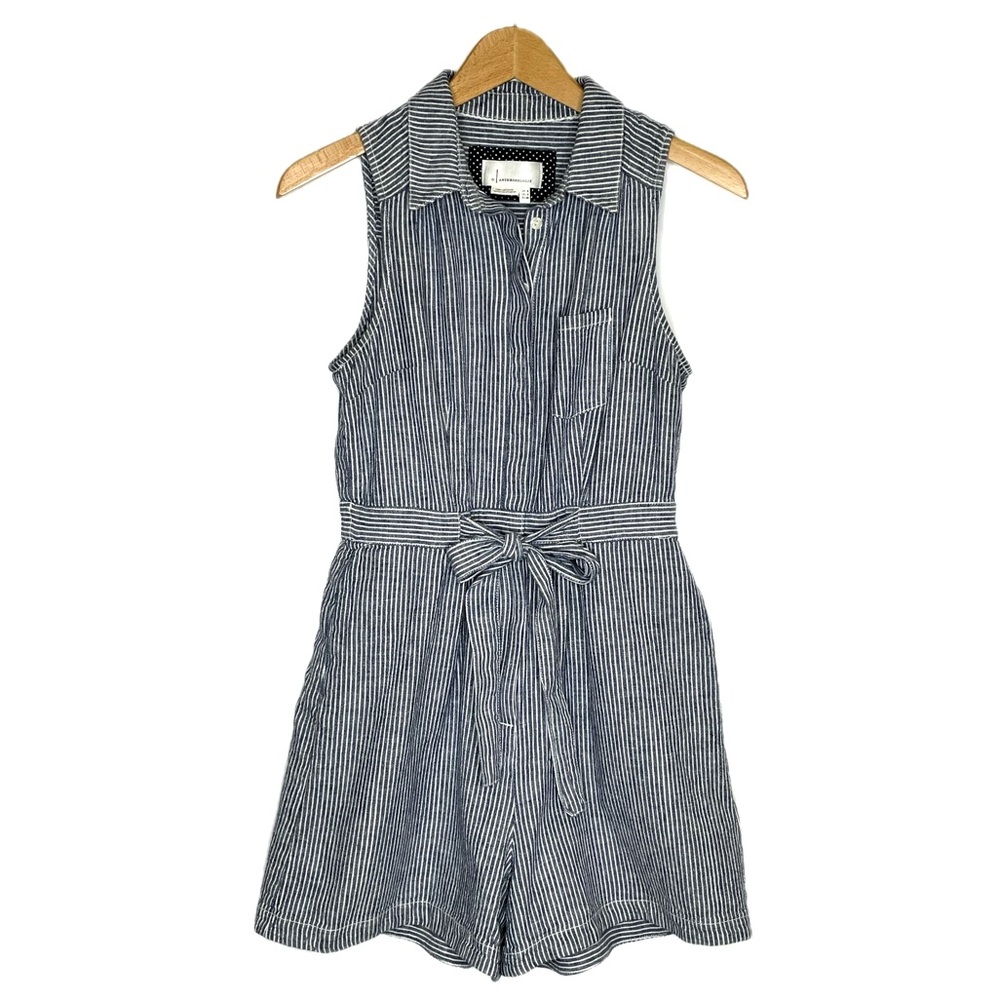 Anthropologie Striped Linen Cotton Sleeveless Romper Size XS Button Front Belted